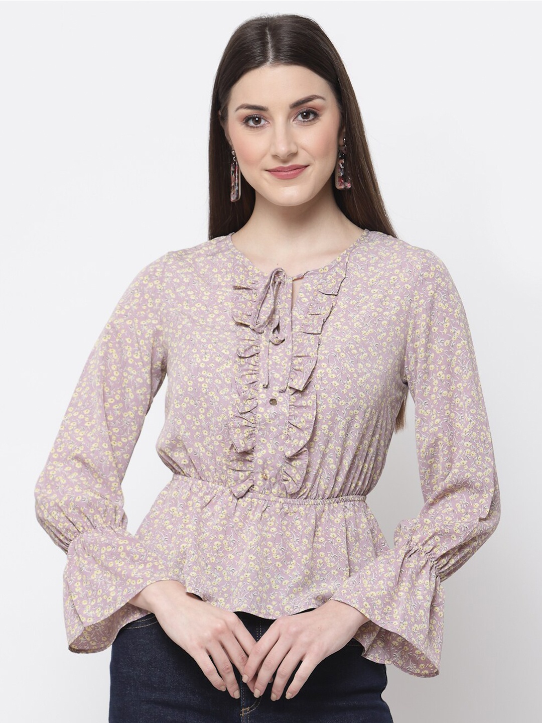 Mafadeny Mauve Floral Print Tie-Up Neck Georgette Cinched Waist Top