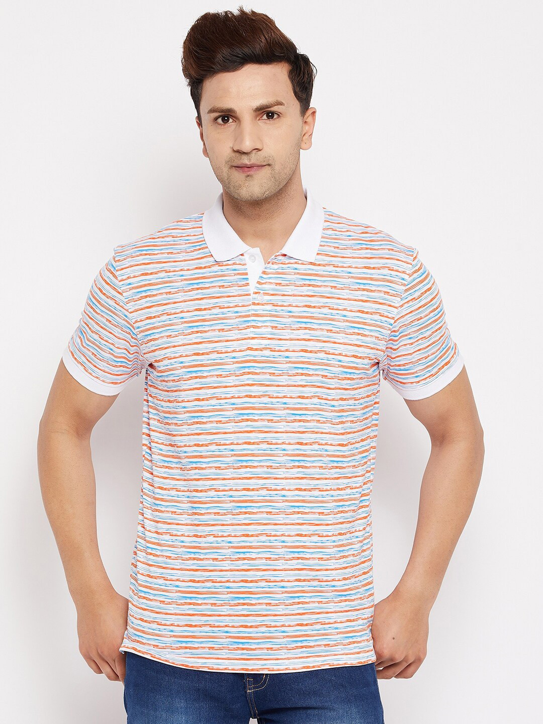 WILD WEST Men Orange & Blue Striped Polo Collar T-shirt
WILD WEST Men Orange & Blue Striped Polo Collar T-shirt