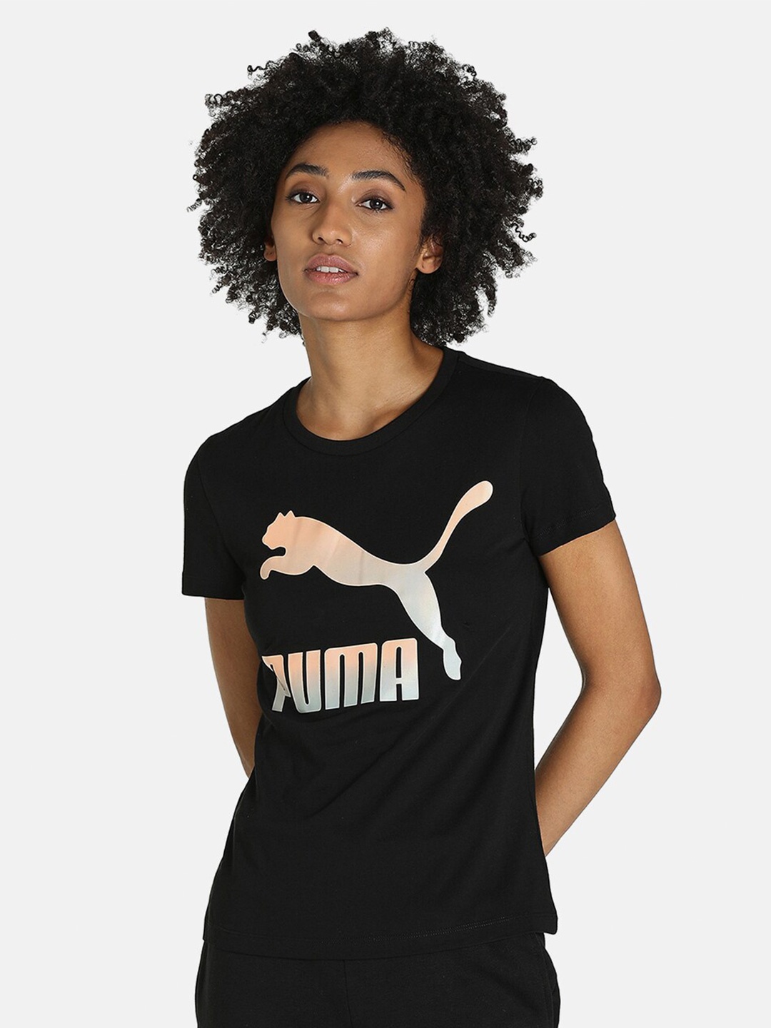 Puma Women Black Brand Logo Print Cotton T-Shirt