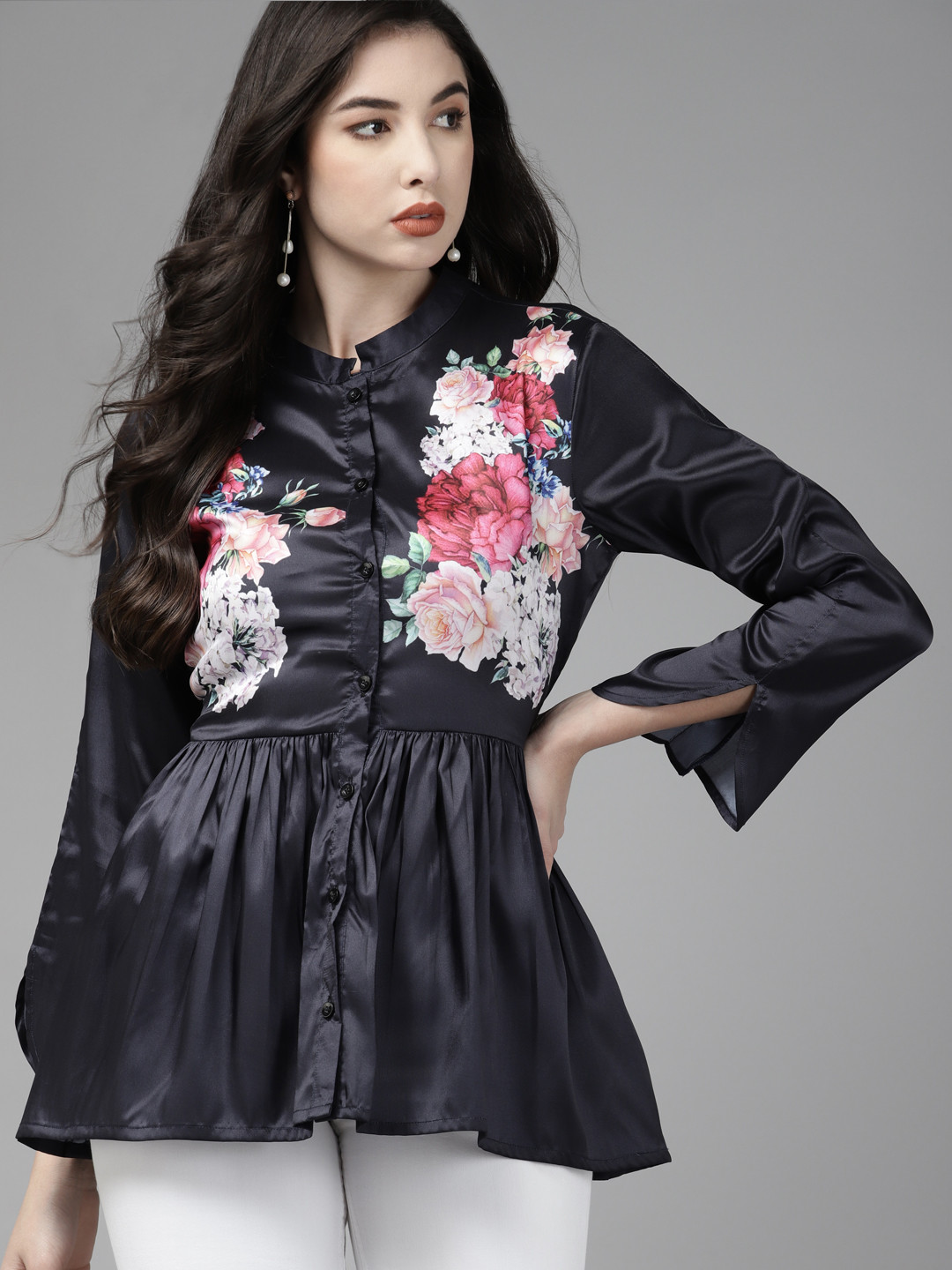 Bhama Couture Women Black & Pink Floral Print Mandarin Collar Top
Bhama Couture Women Black & Pink Floral Print Mandarin Collar Top