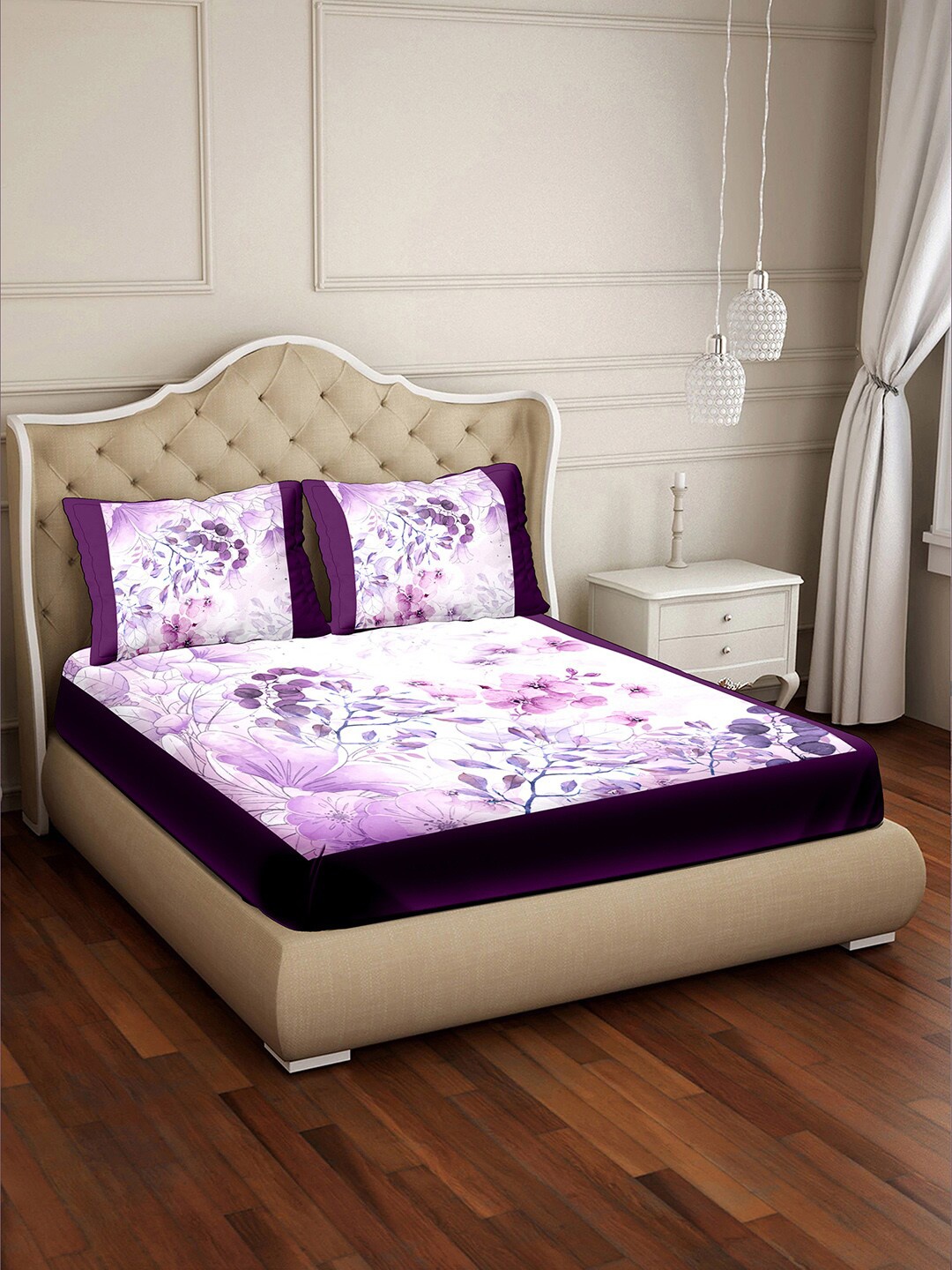 BELLA CASA Purple & White Pure Cotton Printed 350 TC King Bedsheet With 2 Pillow Covers
BELLA CASA Purple & White Pure Cotton Printed 350 TC King Bedsheet With 2 Pillow Covers