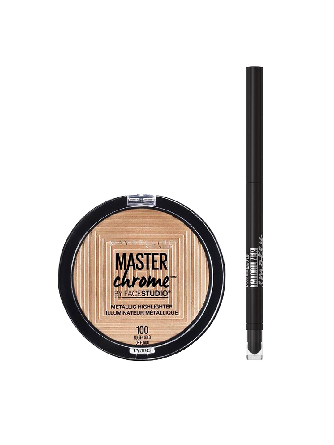 Maybelline New York Set of Face Studio Highlighter & Tattoo Studio Pencil Eyeliner, Gold
Maybelline New York Set of Face Studio Highlighter & Tattoo Studio Pencil Eyeliner, Gold