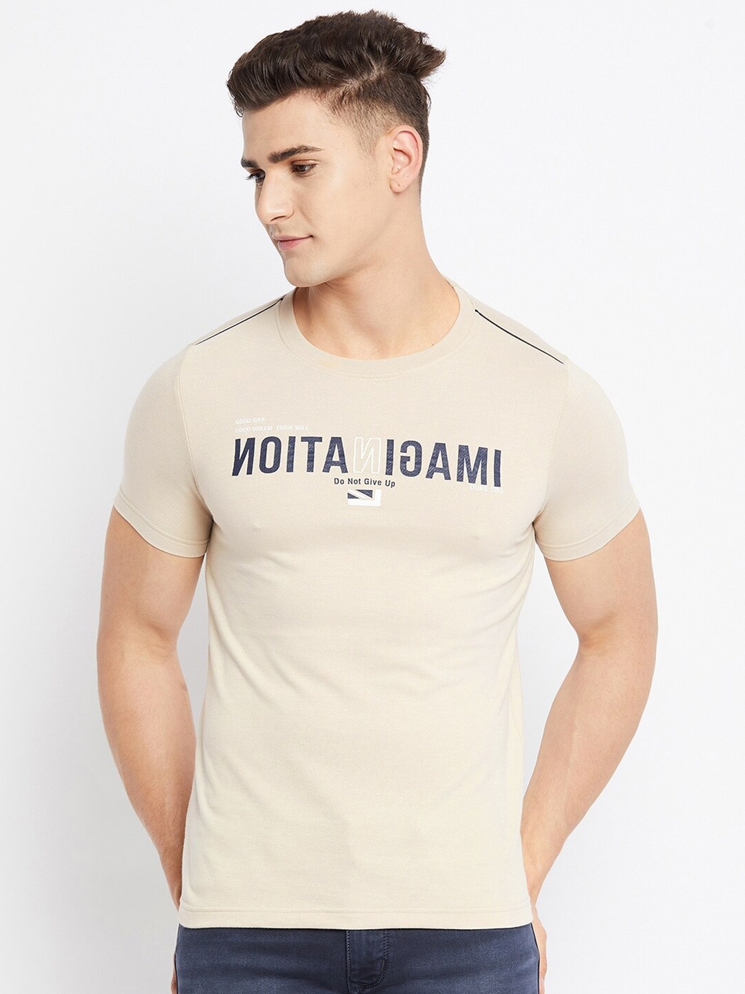 Duke Men Beige Typography Printed Slim Fit T-shirt