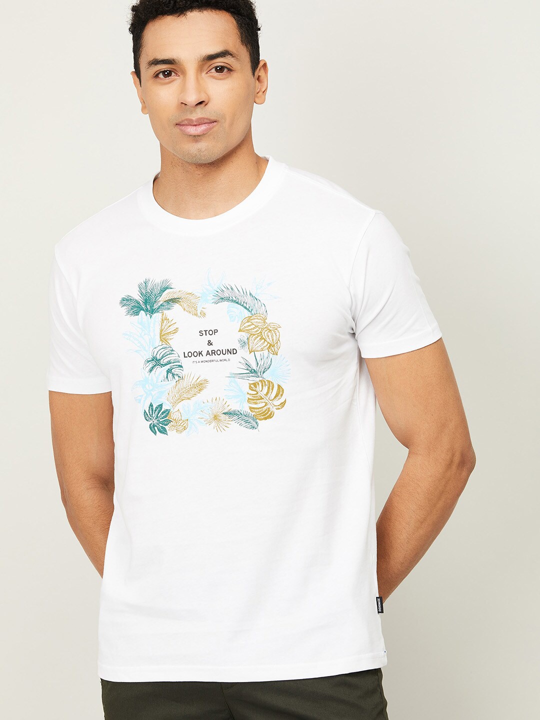 Fame Forever by Lifestyle Men White Floral Printed Cotton T-shirt