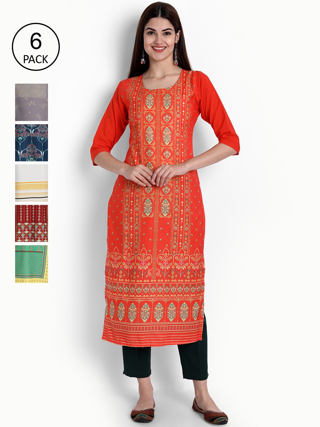 Ethnic basket Women Pack Of 6 Multicoloured Ethnic Motifs Printed Crepe Kurta, Multi
Ethnic basket Women Pack Of 6 Multicoloured Ethnic Motifs Printed Crepe Kurta, Multi