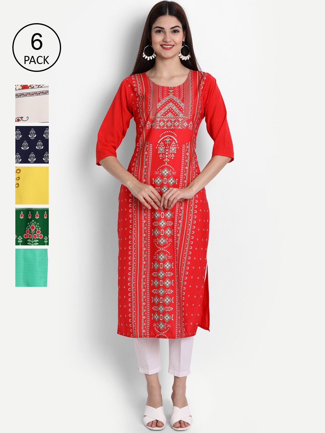Ethnic basket Women Multicoloured Set of 6 Ethnic Motifs Printed Crepe Kurta, Multi
Ethnic basket Women Multicoloured Set of 6 Ethnic Motifs Printed Crepe Kurta, Multi