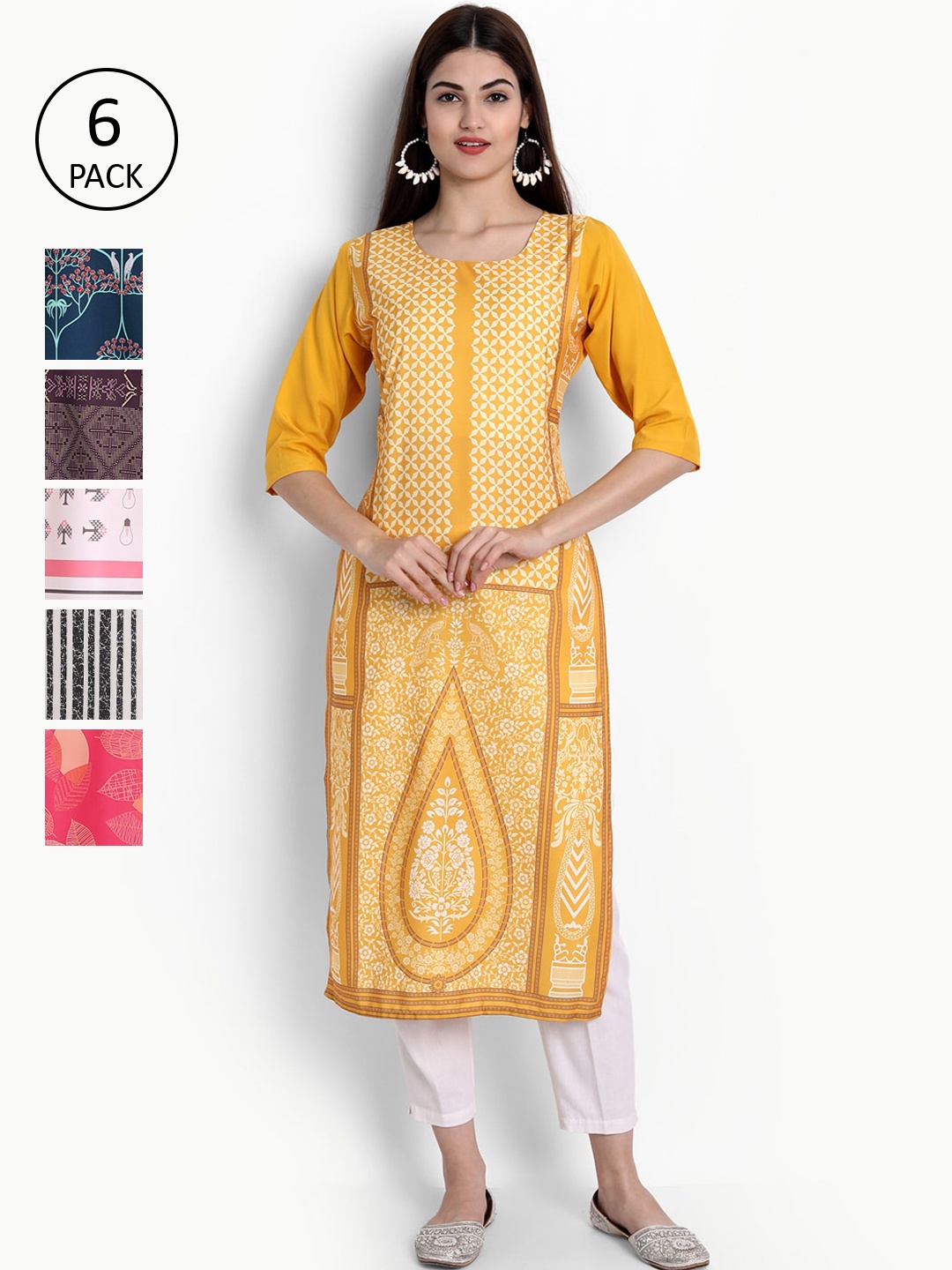Ethnic basket Women Pack Of 6 Multicoloured Ethnic Motifs Printed Crepe Kurta, Multi
Ethnic basket Women Pack Of 6 Multicoloured Ethnic Motifs Printed Crepe Kurta, Multi