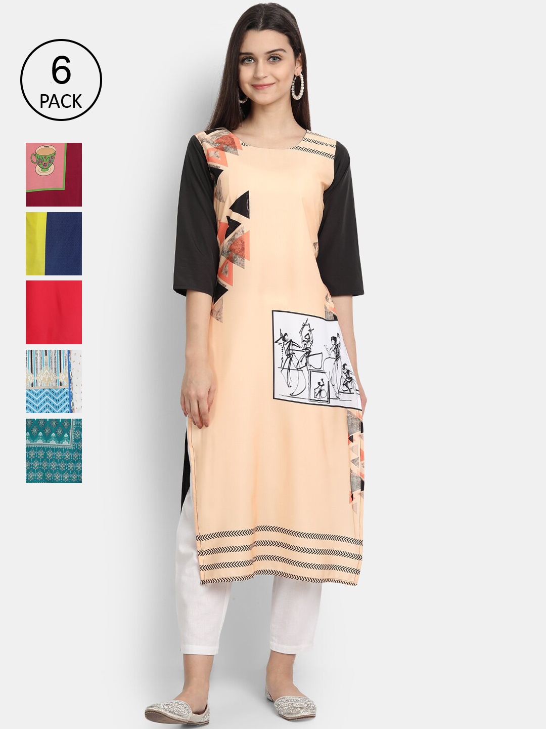 Ethnic basket Women Multicoloured Set of 6 Ethnic Motifs Printed Crepe Kurta, Multi
Ethnic basket Women Multicoloured Set of 6 Ethnic Motifs Printed Crepe Kurta, Multi