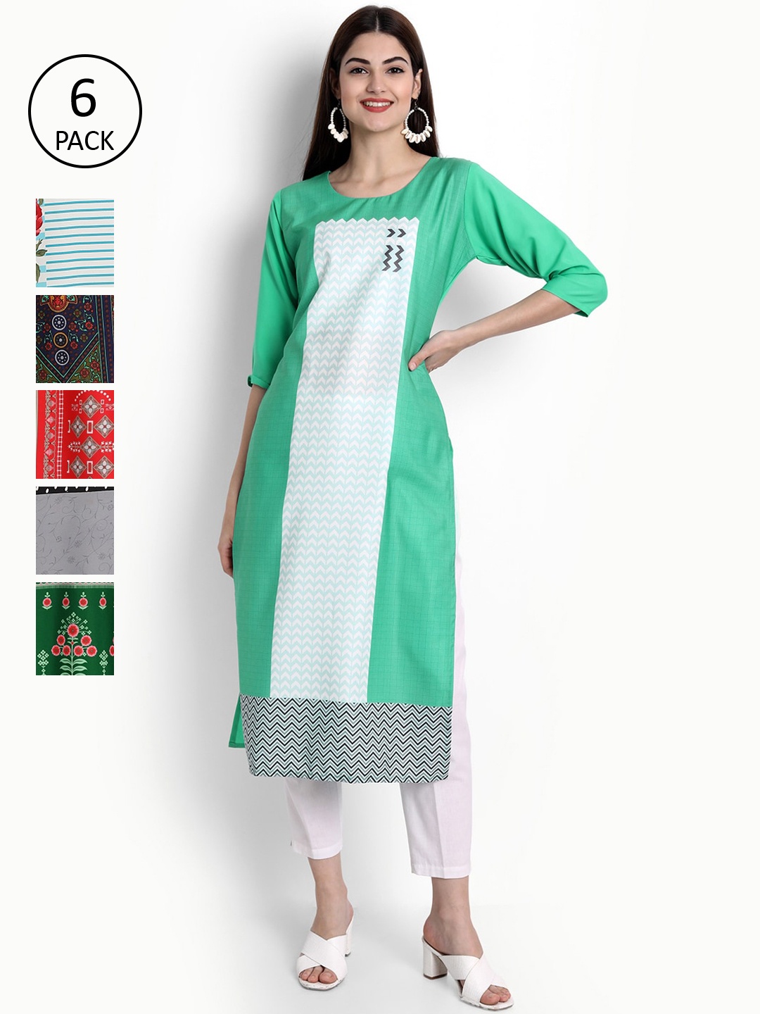 Ethnic basket Women Green & Red Floral Printed Crepe Kurta Pack Of 6