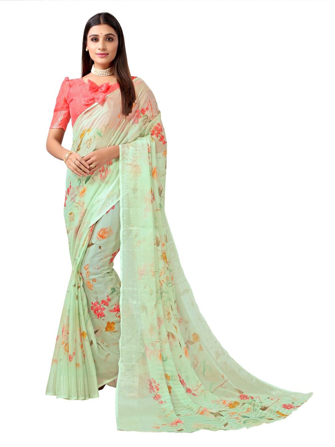 SIRIL Green & Pink Floral Saree