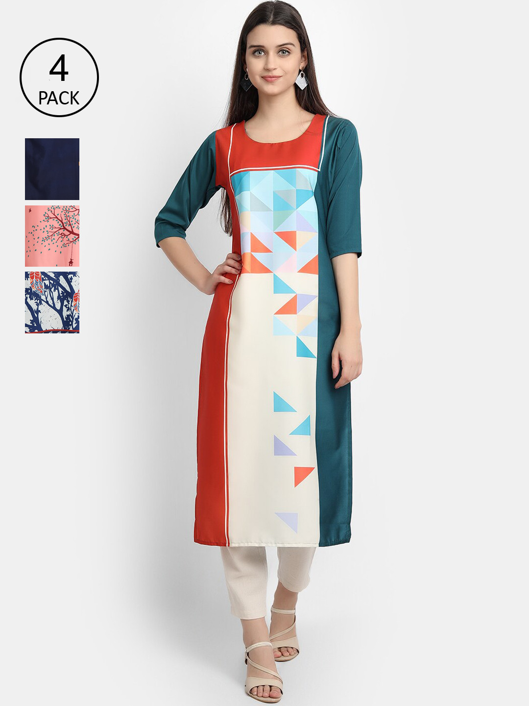 Ethnic basket Women Pack of 4 Multicoloured Geometric Printed Crepe Kurta, Multi
Ethnic basket Women Pack of 4 Multicoloured Geometric Printed Crepe Kurta, Multi