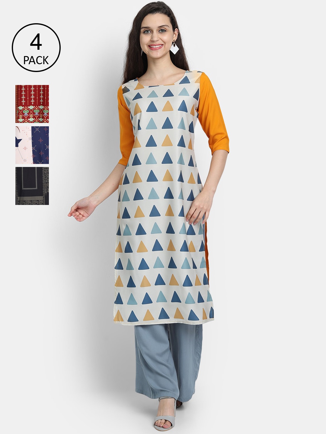 Ethnic basket Women Pack of 4 Blue & Black Ethnic Motifs Digital Printed Crepe Kurtas
Ethnic basket Women Pack of 4 Blue & Black Ethnic Motifs Digital Printed Crepe Kurtas