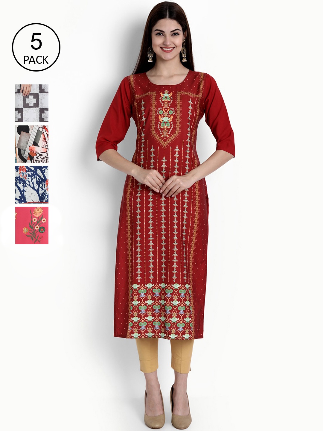 Ethnic basket Women Pack of 5 Multicoloured Ethnic Motifs Printed Crepe Kurta, Multi
Ethnic basket Women Pack of 5 Multicoloured Ethnic Motifs Printed Crepe Kurta, Multi