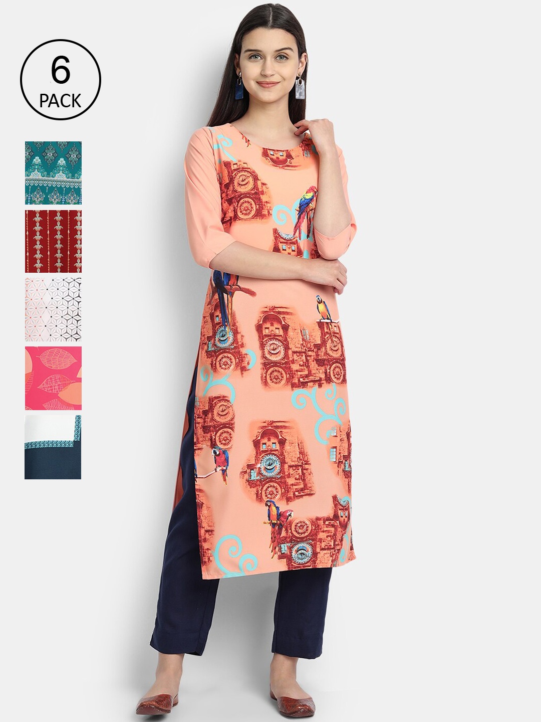 Ethnic basket Women Pack of 6 Multicoloured Ethnic Motifs Printed Crepe Kurta, Multi
Ethnic basket Women Pack of 6 Multicoloured Ethnic Motifs Printed Crepe Kurta, Multi