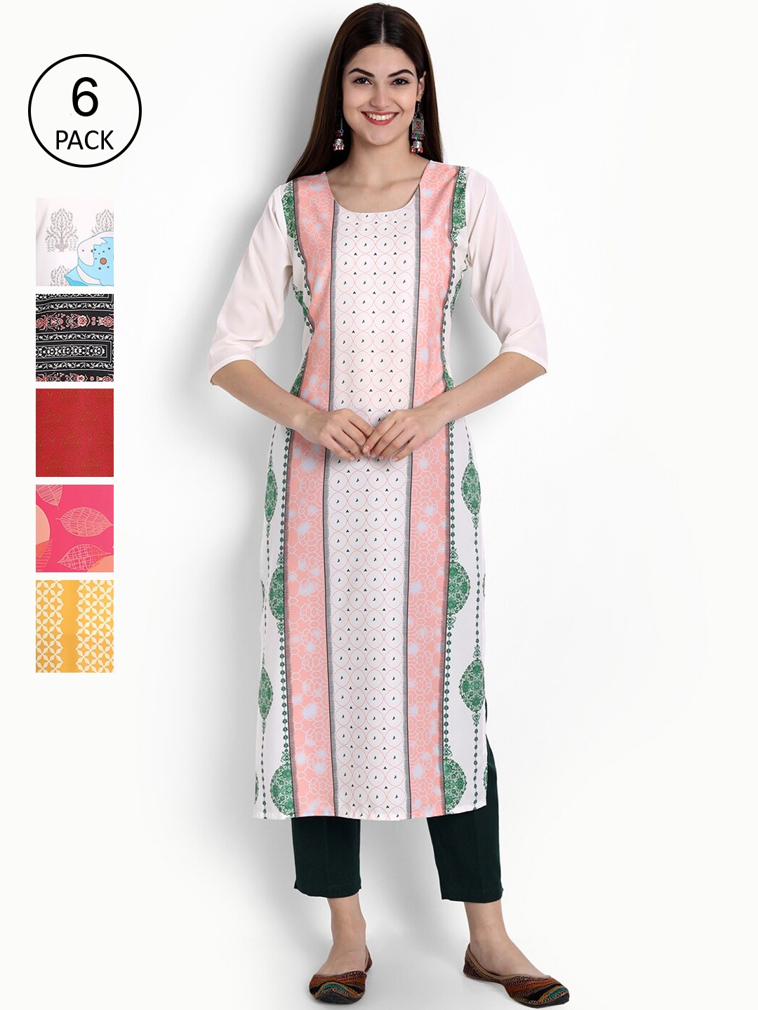 Ethnic basket Women Pack Of 6 Multicoloured Ethnic Motifs Printed Crepe Kurta, Multi
Ethnic basket Women Pack Of 6 Multicoloured Ethnic Motifs Printed Crepe Kurta, Multi