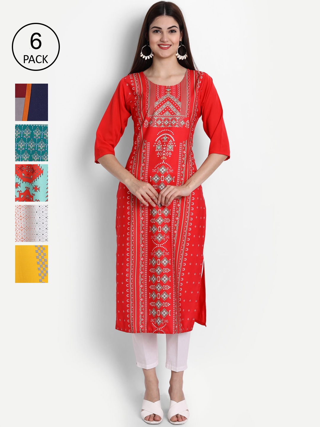 Ethnic basket Women Pack Of 6 Multicoloured Ethnic Motifs Printed Crepe Kurta, Multi
Ethnic basket Women Pack Of 6 Multicoloured Ethnic Motifs Printed Crepe Kurta, Multi