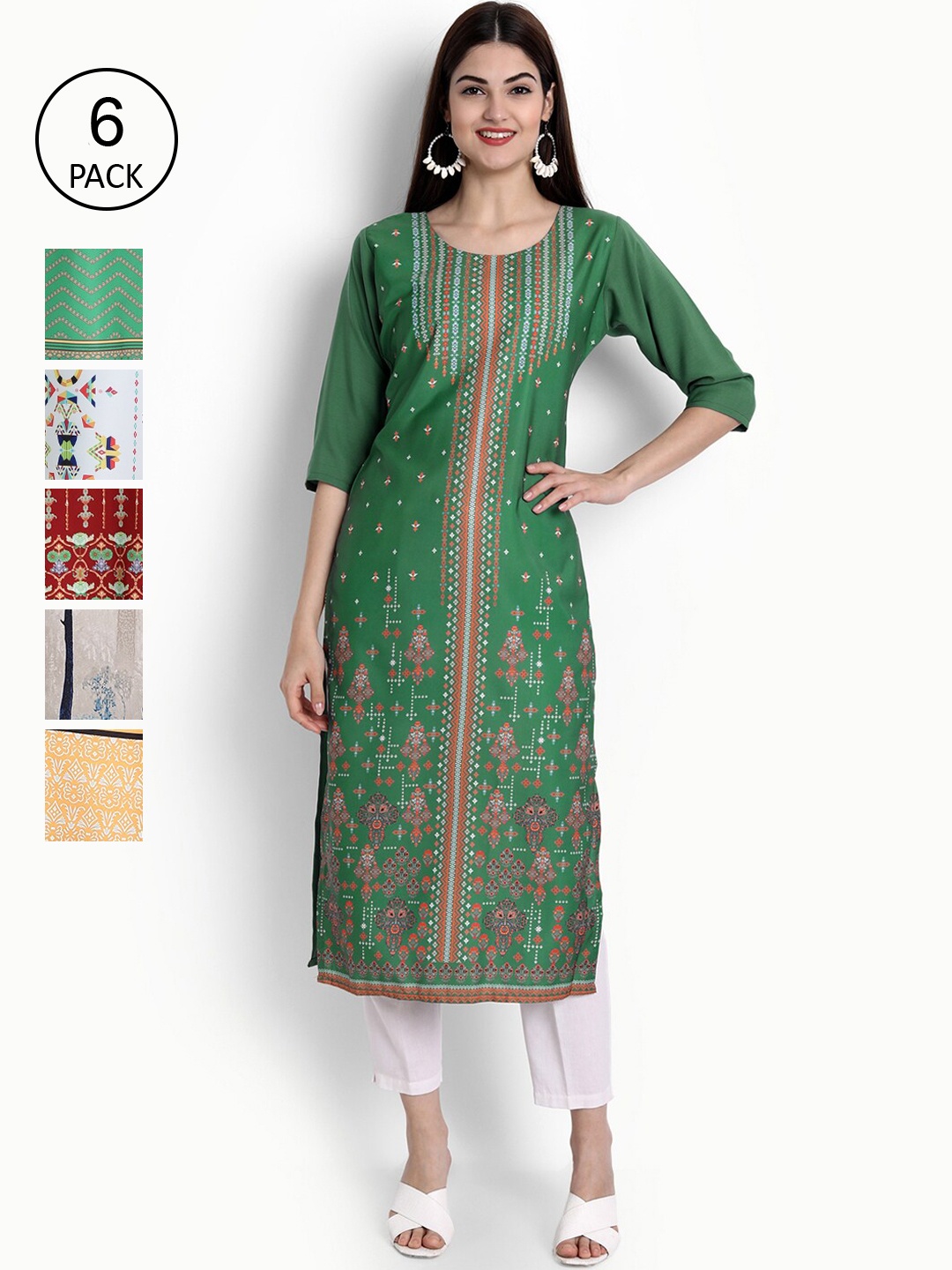 Ethnic basket Women Pack of 6 Floral Printed Crepe Kurta, Green