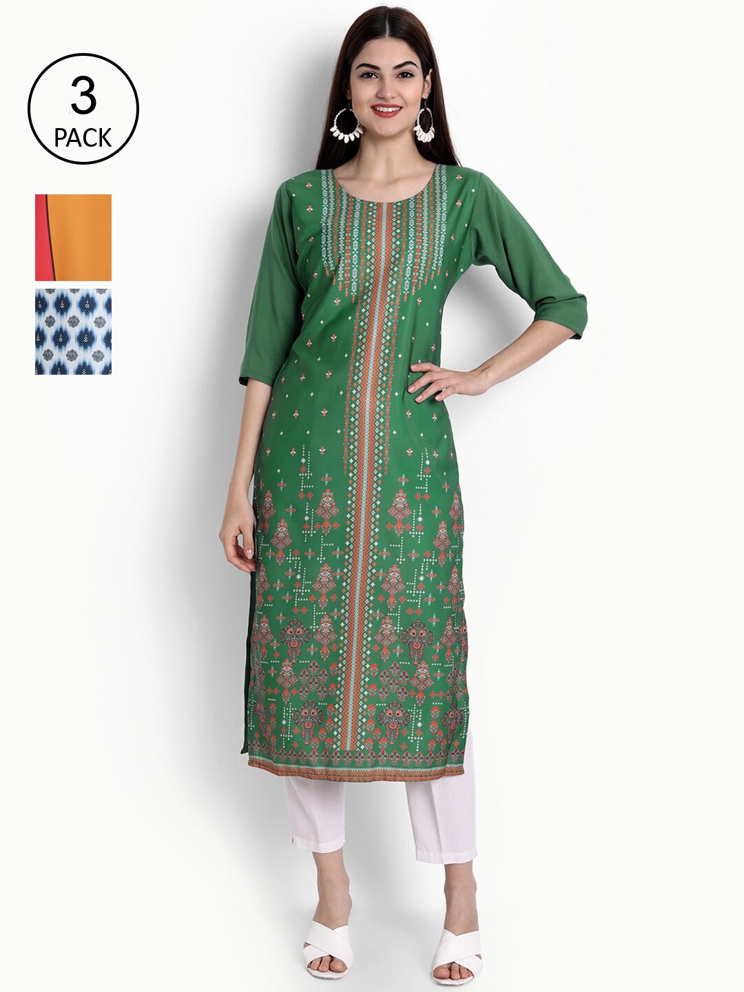 Ethnic basket Women Set Of 3 Green & Blue Ethnic Motifs Printed Crepe Kurta
Ethnic basket Women Set Of 3 Green & Blue Ethnic Motifs Printed Crepe Kurta