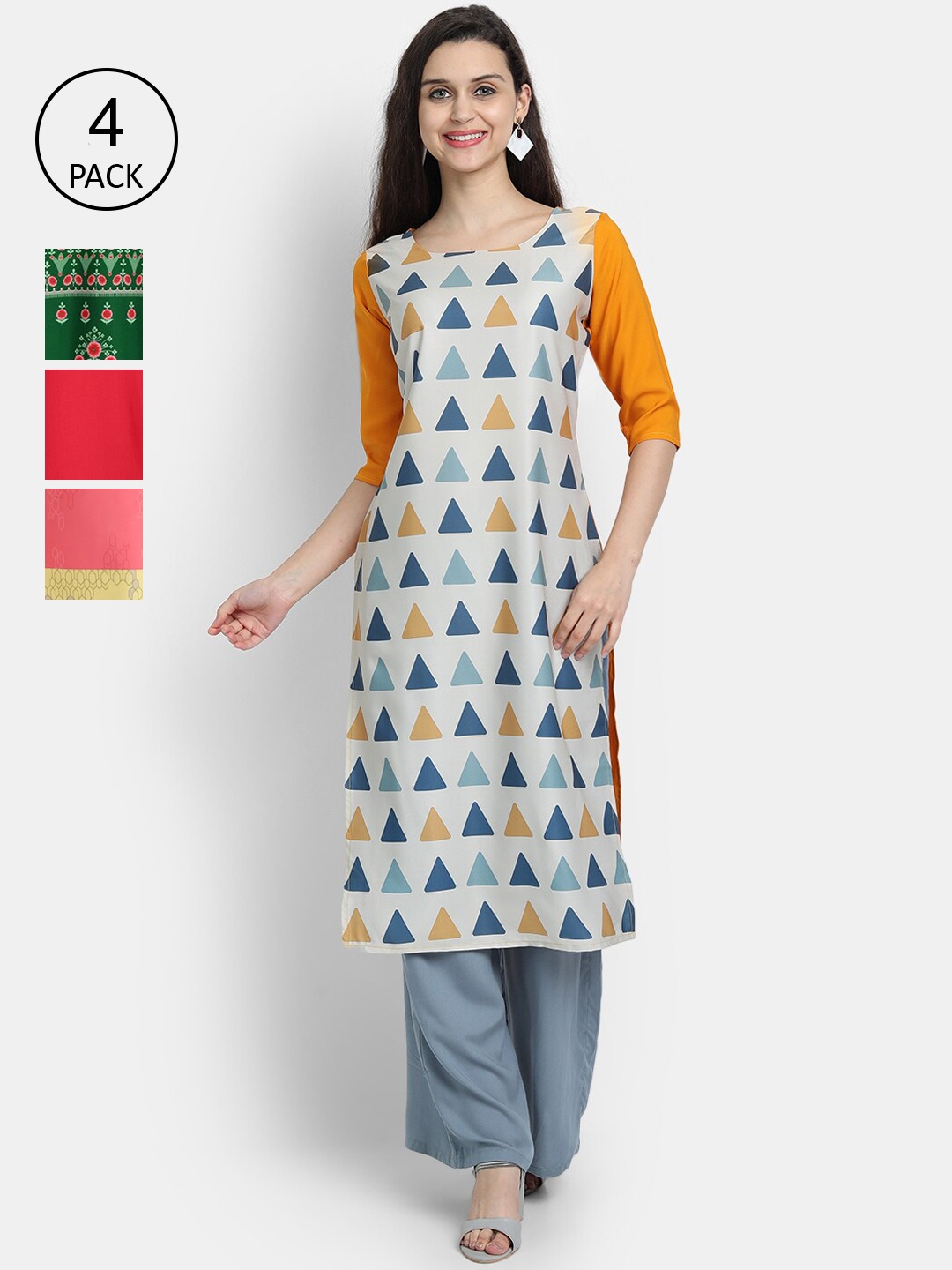 Ethnic basket Women Multicoloured Pack Of 4 Ethnic Motifs Printed Crepe Kurta, Multi
Ethnic basket Women Multicoloured Pack Of 4 Ethnic Motifs Printed Crepe Kurta, Multi