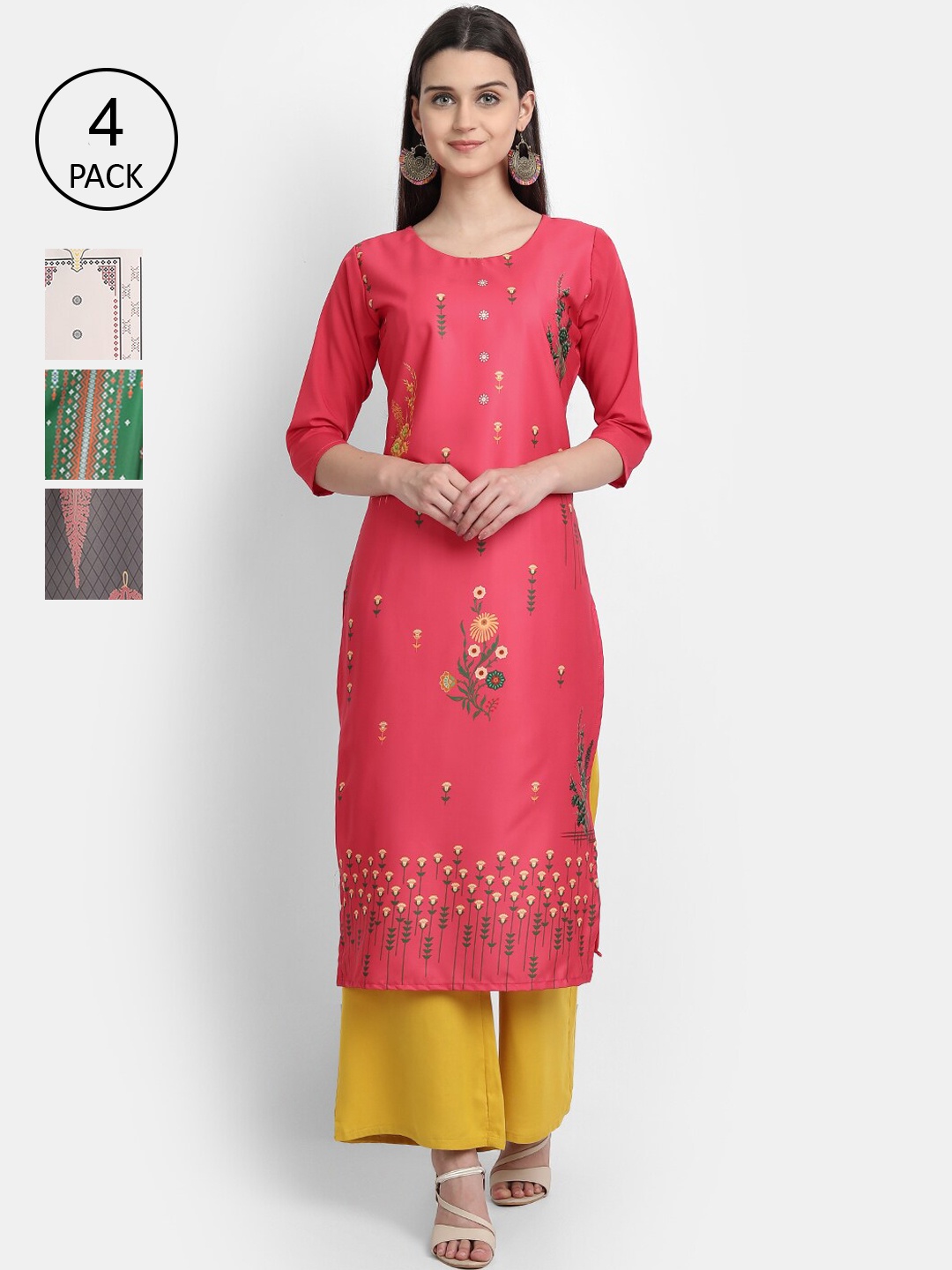 Ethnic basket Women Pink & Green Ethnic Motifs Printed Crepe Kurta Pack Of 4