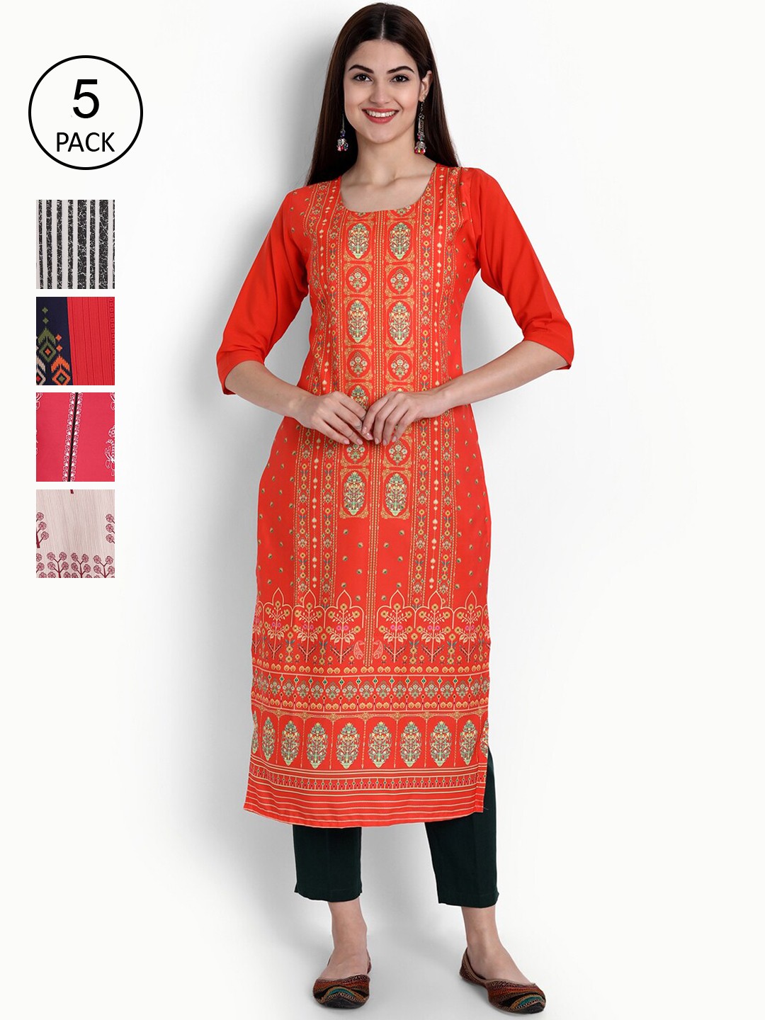 Ethnic basket Women Pack of 5 Multicoloured Ethnic Motifs Printed Crepe Kurta, Multi
Ethnic basket Women Pack of 5 Multicoloured Ethnic Motifs Printed Crepe Kurta, Multi