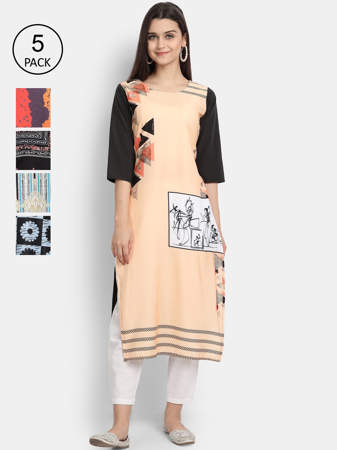 Ethnic basket Women Multicoloured Set of 5 Ethnic Motifs Printed Crepe Kurta, Multi
Ethnic basket Women Multicoloured Set of 5 Ethnic Motifs Printed Crepe Kurta, Multi