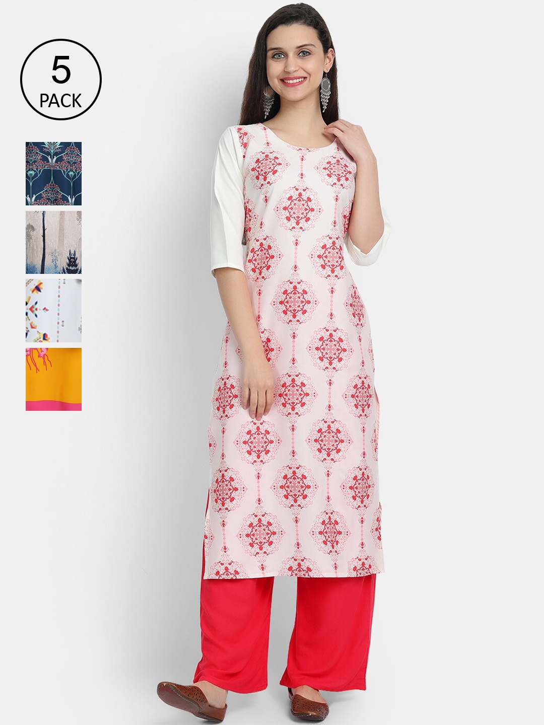 Ethnic basket Women Multicoloured Set of 5 Ethnic Motifs Printed Crepe Kurta, Multi
Ethnic basket Women Multicoloured Set of 5 Ethnic Motifs Printed Crepe Kurta, Multi