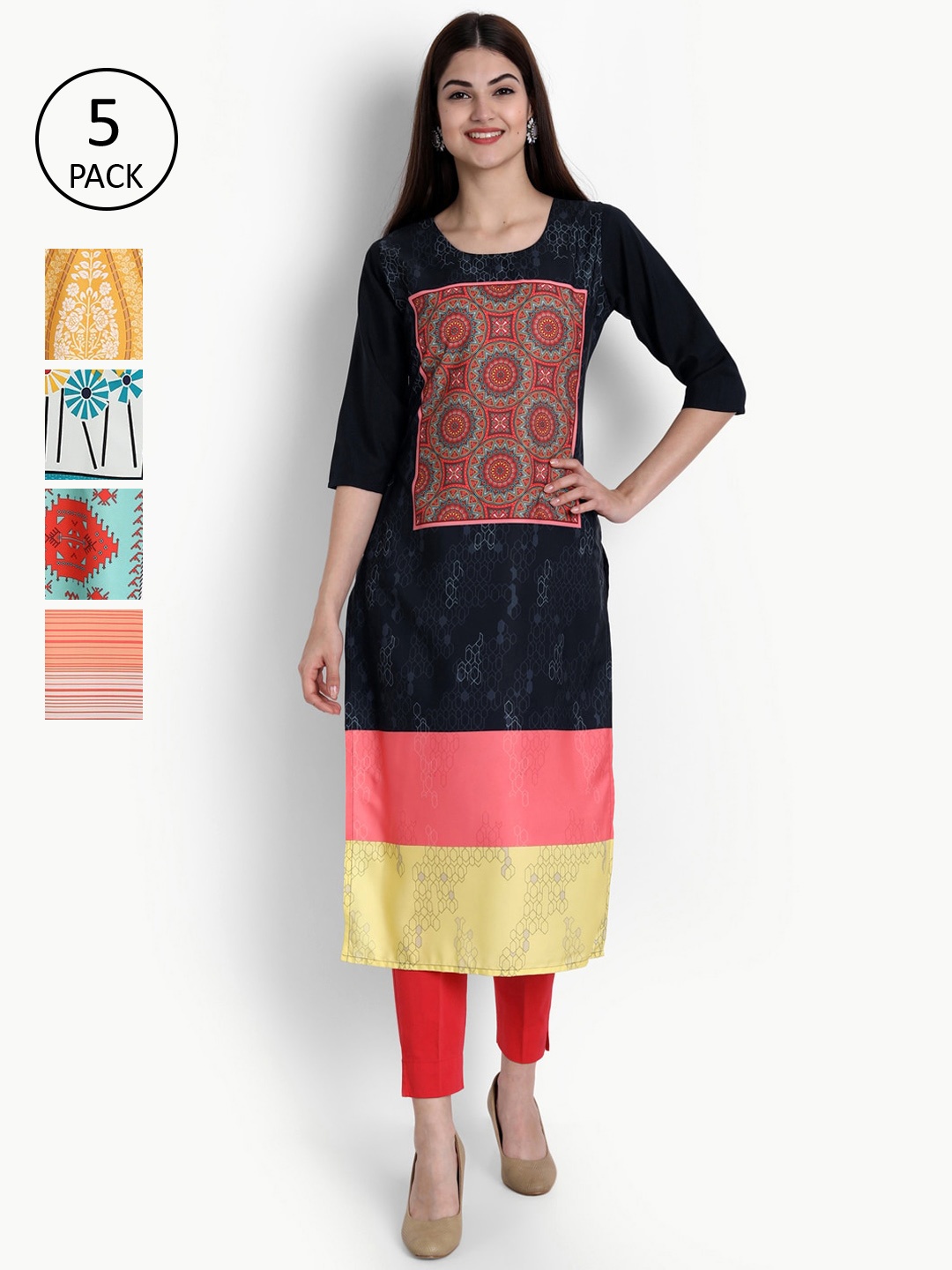 Ethnic basket Women Set Of 5 Black & Yellow Ethnic Motifs Printed Crepe Kurta