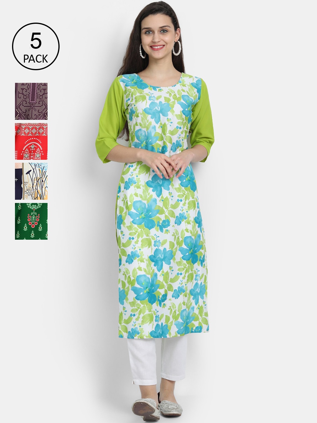 Ethnic basket Women Multicoloured Pack Of 5 Ethnic Motifs Printed Crepe Kurta, Multi
Ethnic basket Women Multicoloured Pack Of 5 Ethnic Motifs Printed Crepe Kurta, Multi
