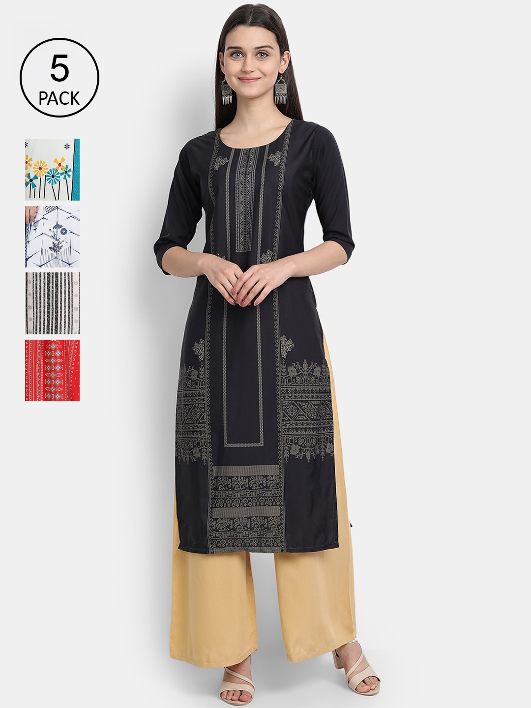 Ethnic basket Women Multicoloured Set of 5 Ethnic Motifs Printed Crepe Kurta, Multi
Ethnic basket Women Multicoloured Set of 5 Ethnic Motifs Printed Crepe Kurta, Multi