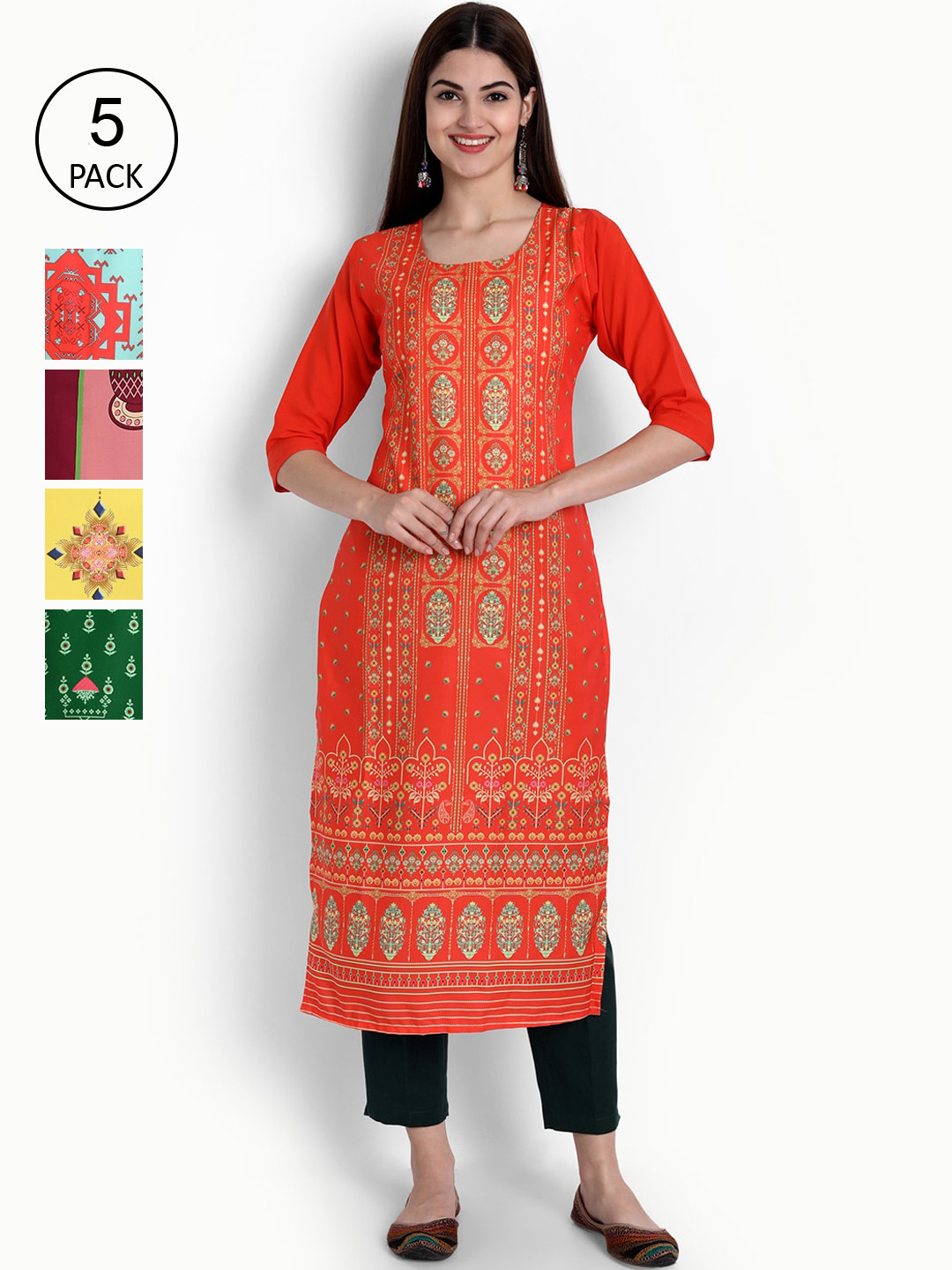 Ethnic basket Women Pack of 5 Multicoloured Ethnic Motifs Printed Crepe Kurtas, Multi
Ethnic basket Women Pack of 5 Multicoloured Ethnic Motifs Printed Crepe Kurtas, Multi