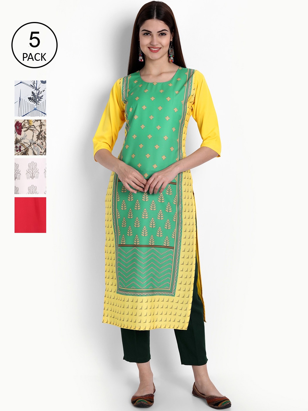Ethnic basket Women Yellow & White Floral Printed Crepe Kurta Set Of 5