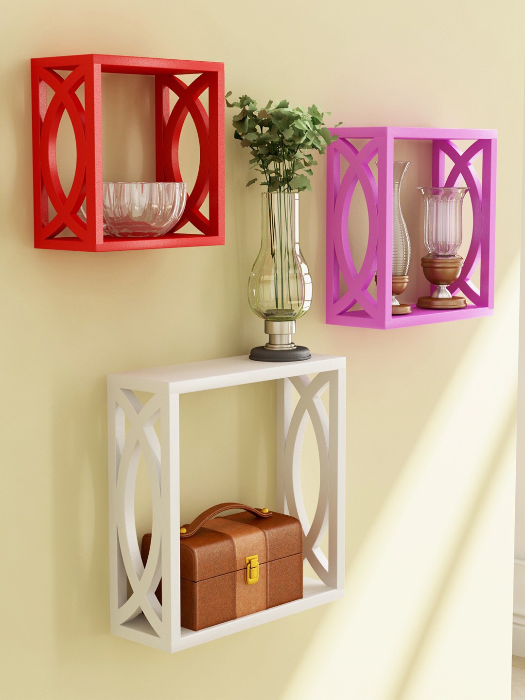Home Sparkle Set of 3 Cube Wall Shelves, Red