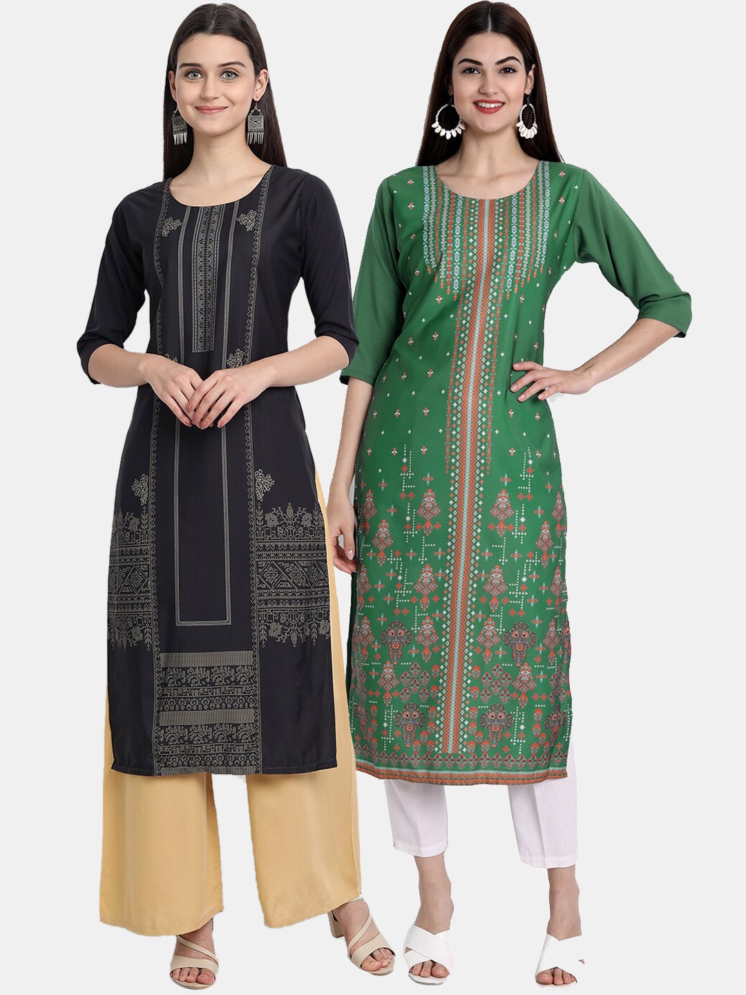 Ethnic basket Women Pack Of 2 Digital Printed Crepe Kurta, Green