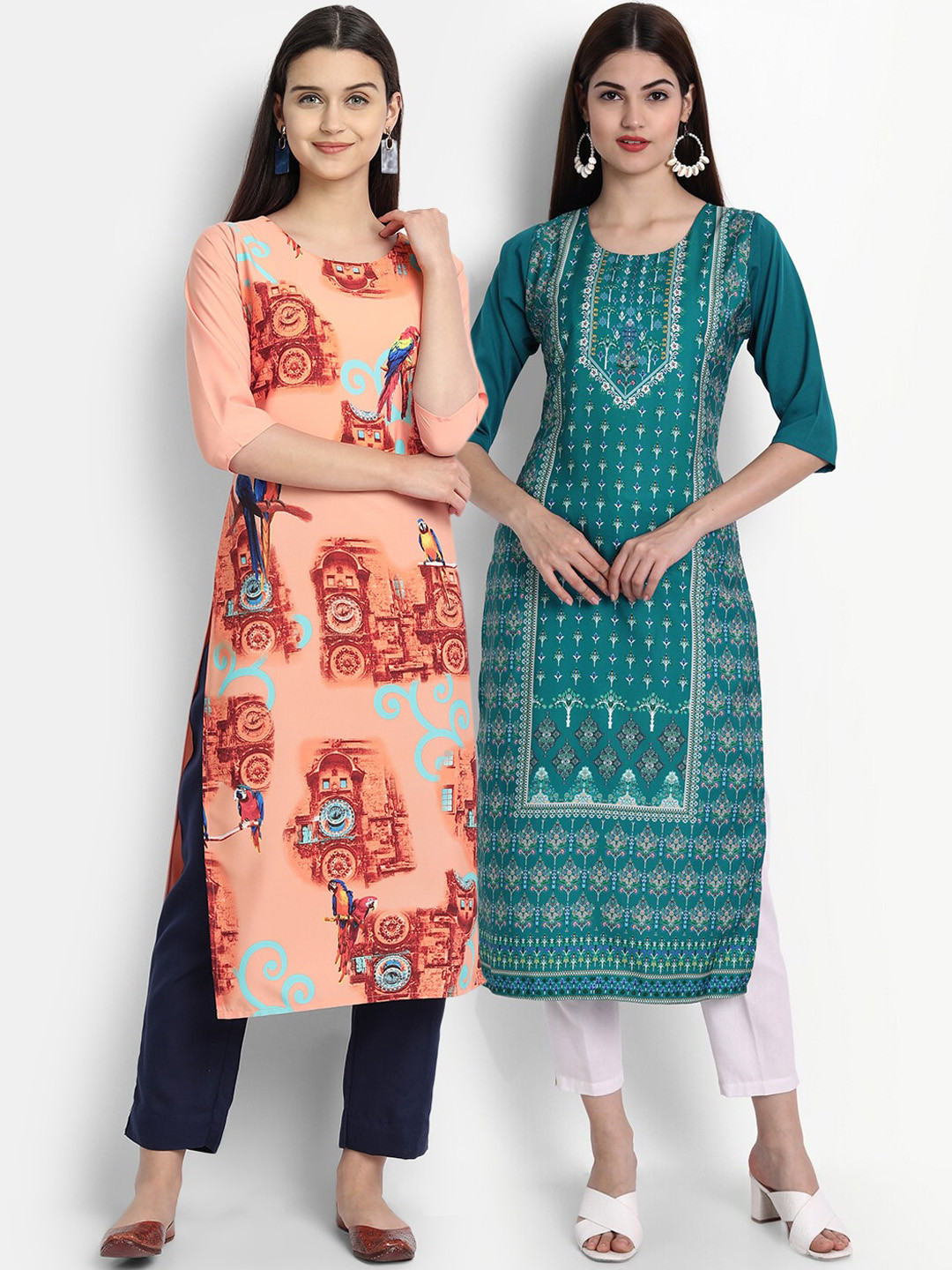 Ethnic basket Women Peach-Coloured & Teal Ethnic Motifs Printed Crepe Kurta 
Ethnic basket Women Peach-Coloured & Teal Ethnic Motifs Printed Crepe Kurta