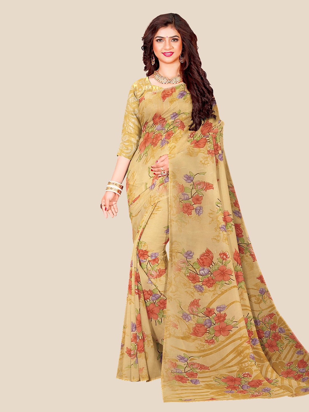 Kalamandir Yellow & Red Floral Pure Georgette Saree