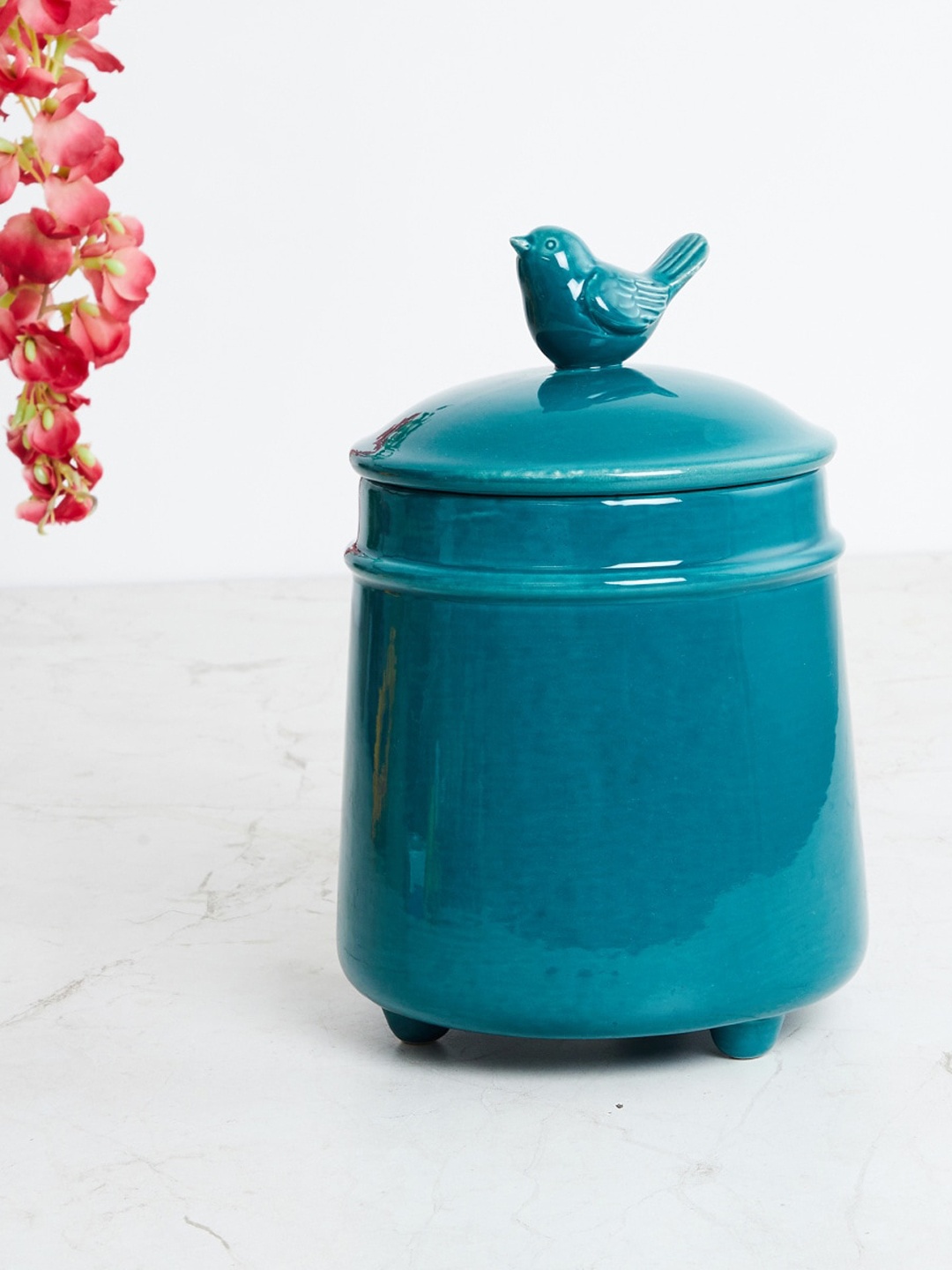 Home Centre Blue Solid Decorative Jar with Bird Lid Showpiece