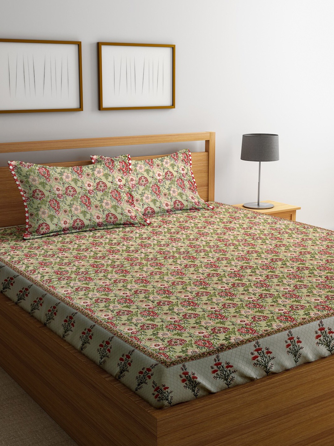 Rajasthan Decor Green & Red Floral 144 TC Cotton Queen Bedsheet with 2 Pillow Covers