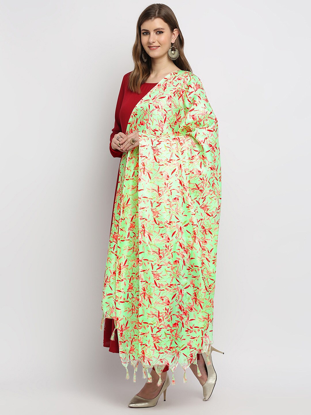 Dupatta Bazaar Green & Red Floral Printed Dupatta