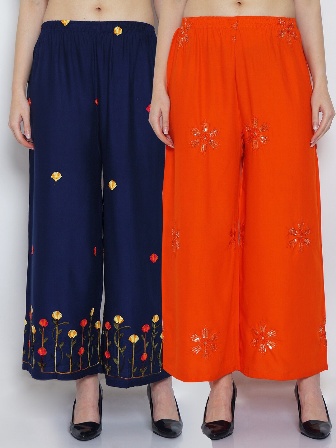 GRACIT Women Set of 2 Orange & Navy Blue Floral Embroidered Flared Knitted Ethnic Palazzos
GRACIT Women Set of 2 Orange & Navy Blue Floral Embroidered Flared Knitted Ethnic Palazzos