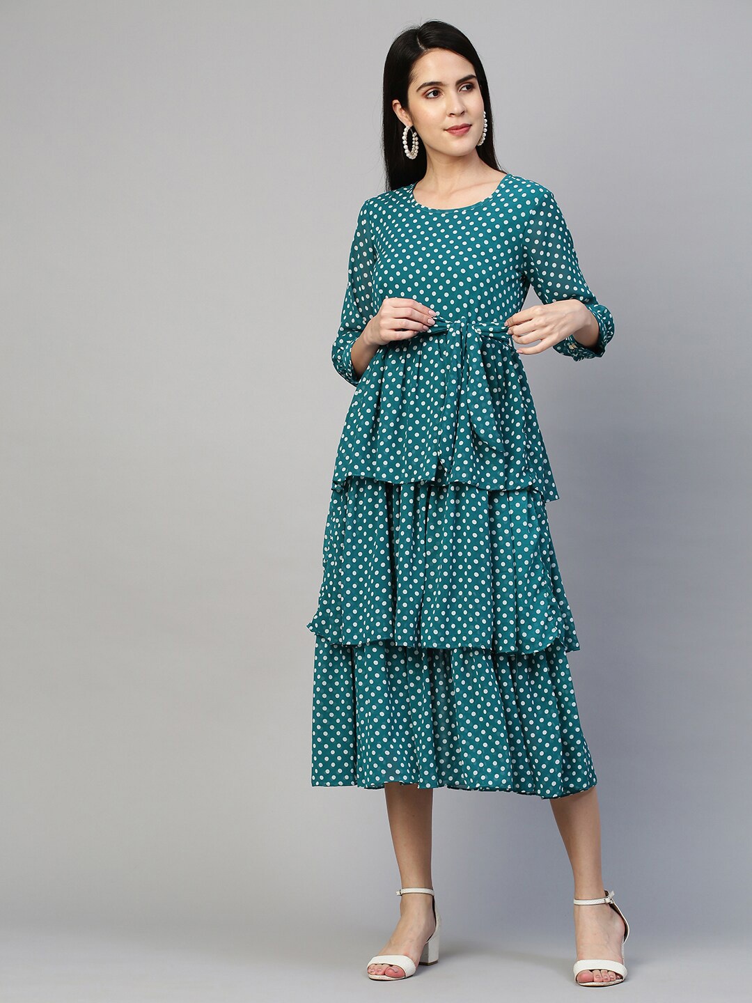 FASHOR Teal & White Georgette Ruffle Dress