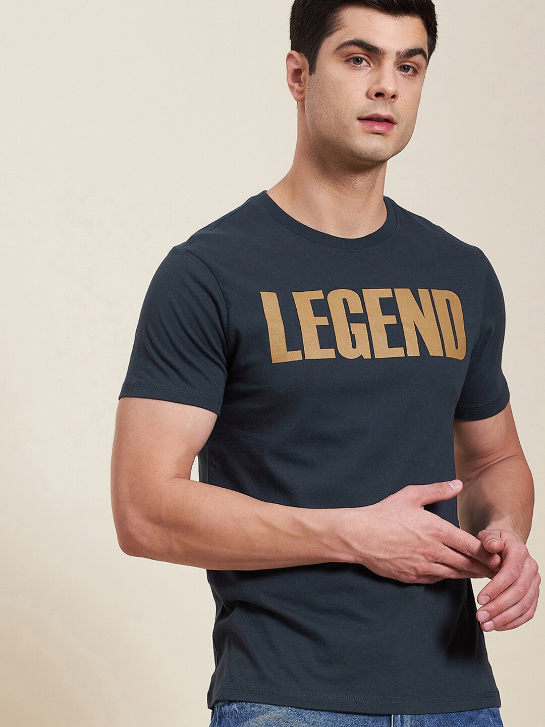 MASCLN SASSAFRAS Men Navy Blue Typography Printed Pure Cotton T-shirt