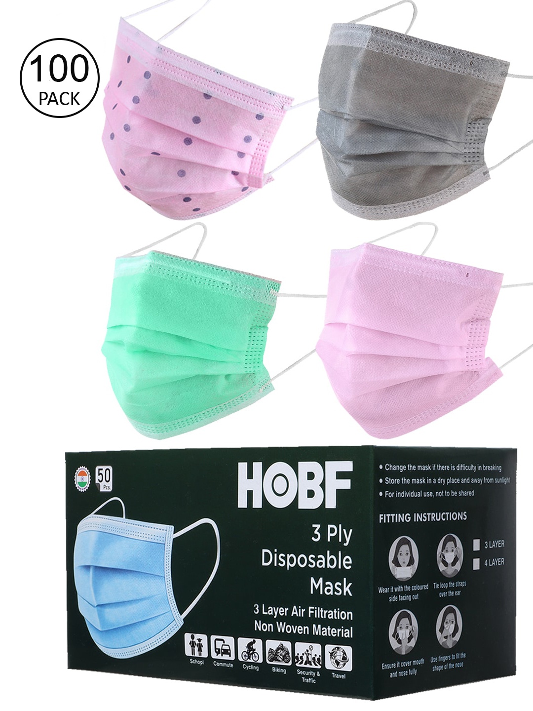 Swiss Design Pack Of 100 Assorted 3-Ply Mask With Nose-Pin