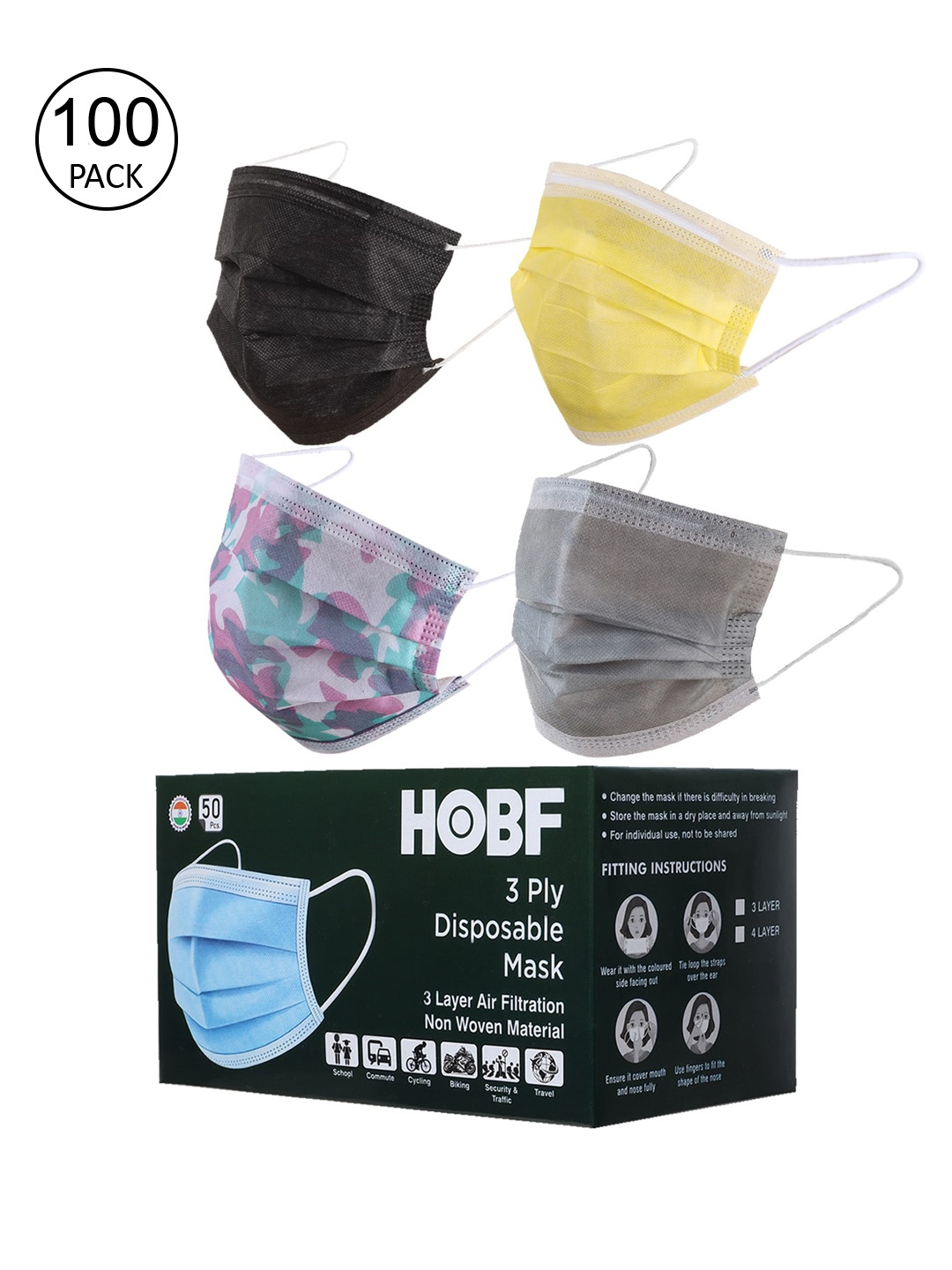 Swiss Design Pack Of 100 Assorted 3-Ply Mask With Nose-Pin