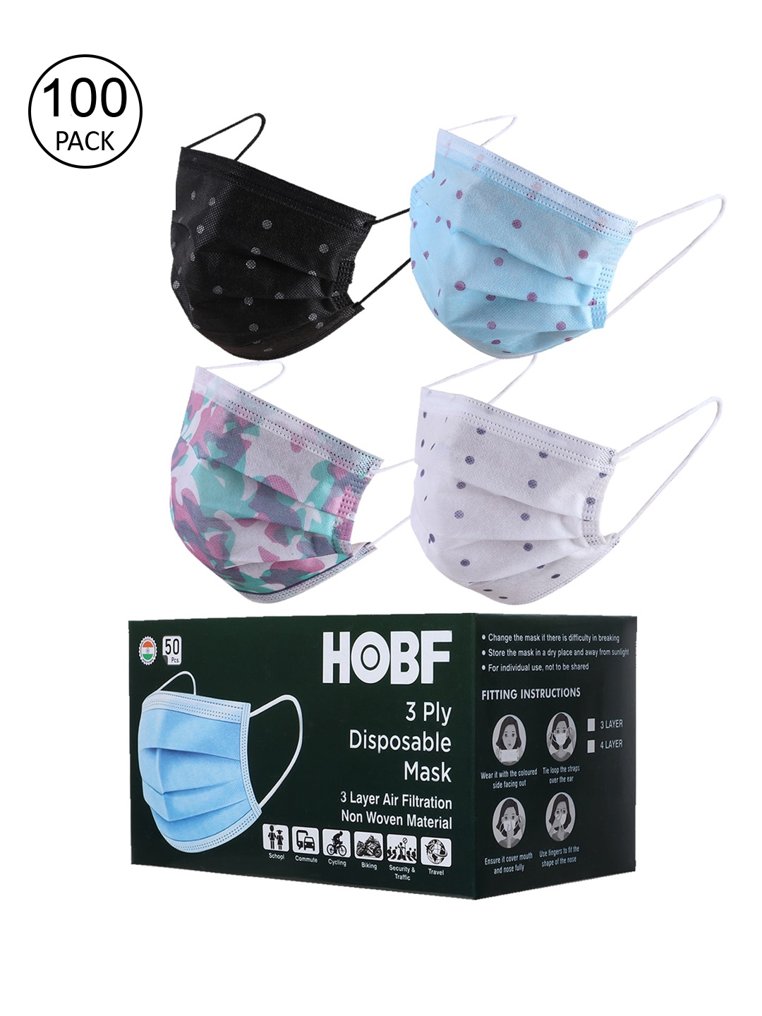 Swiss Design Pack Of 100 Assorted 3-Ply Mask With Nose-Pin