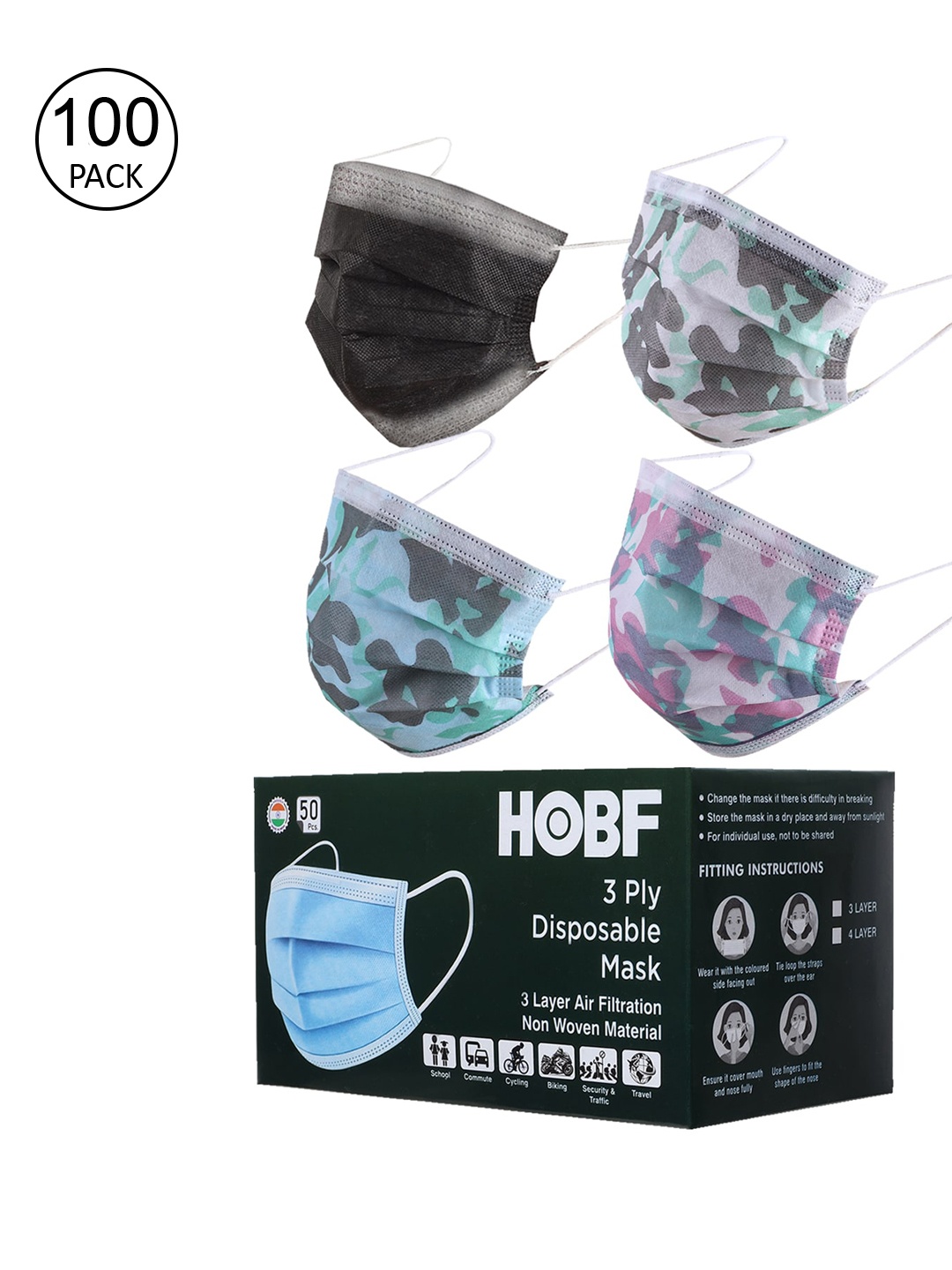 Swiss Design Adults Set Of 100 Assorted 3 Ply Mask With Nose-Pin