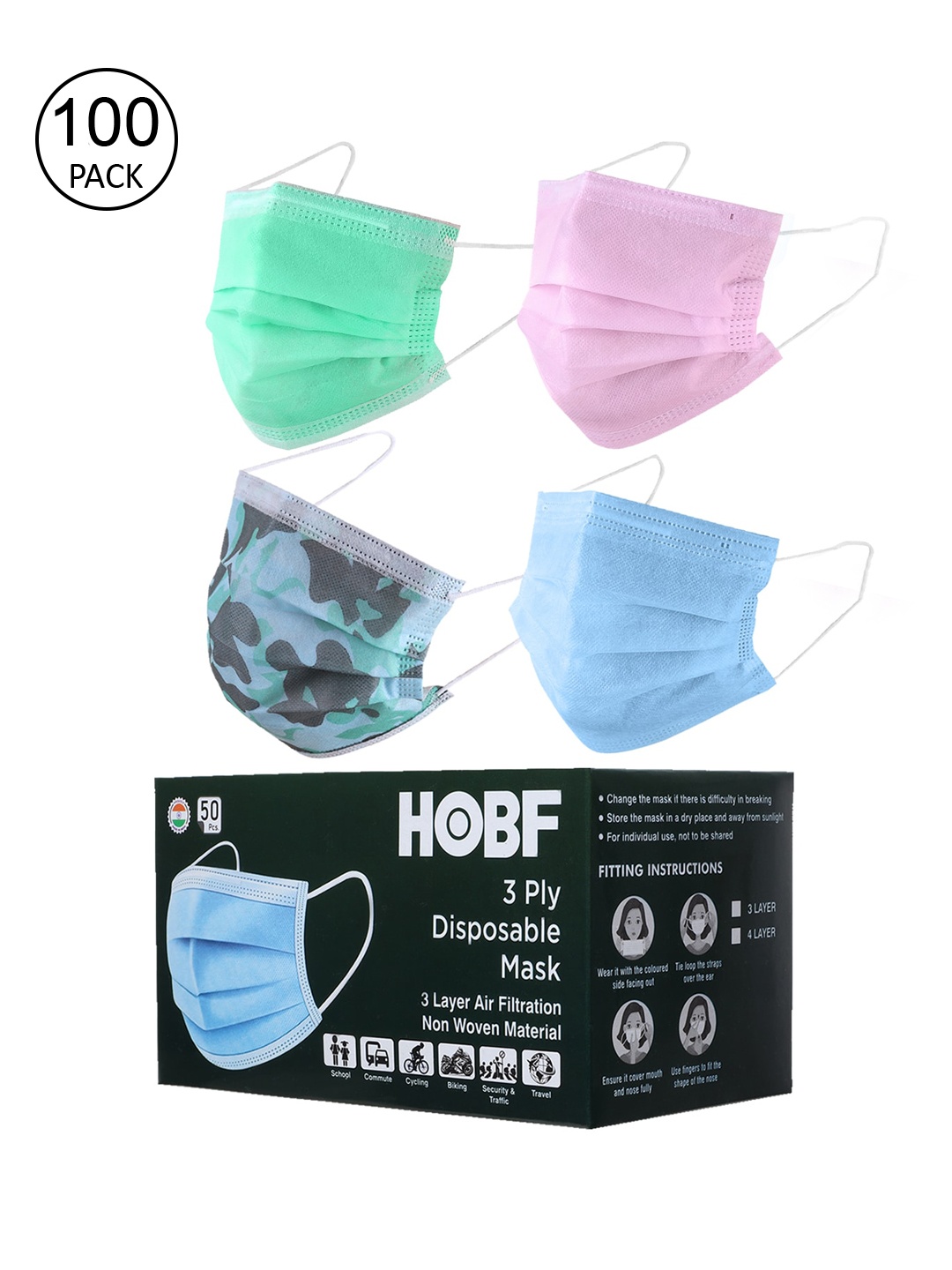 Swiss Design Pack Of 100 Assorted 3-Ply Surgical Masks