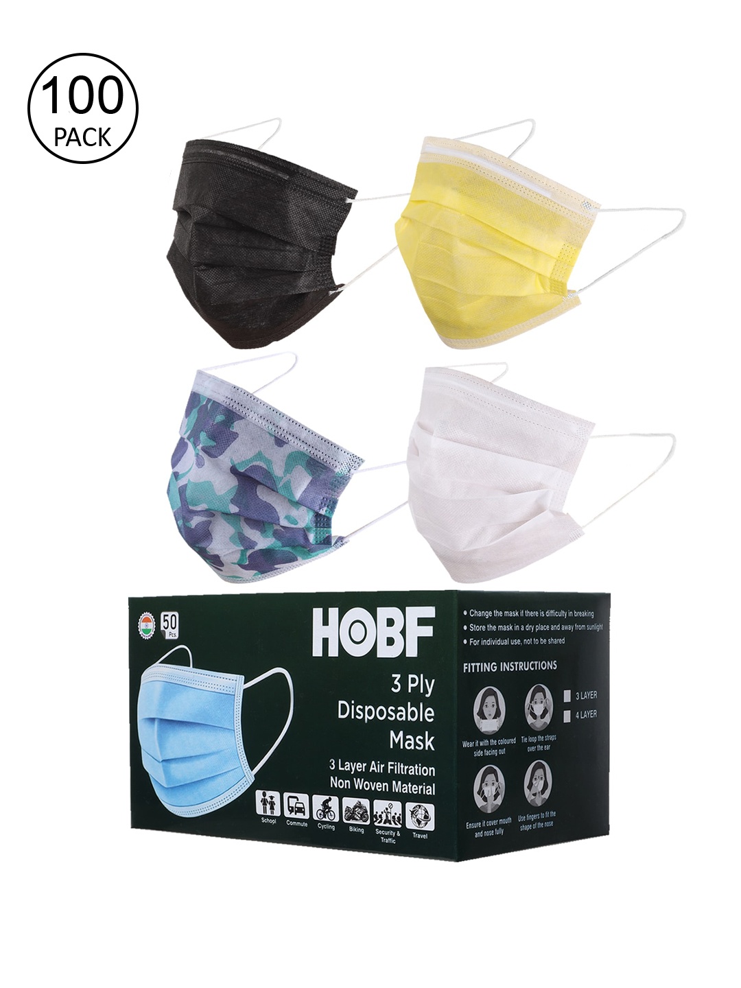 Swiss Design Pack Of 100 Assorted 3-Ply Mask With Nose-Pin