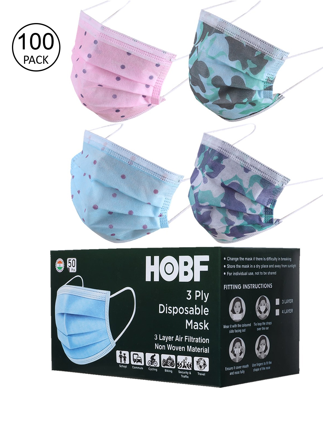 Swiss Design Pack Of 100 Assorted 3-Ply Surgical Masks