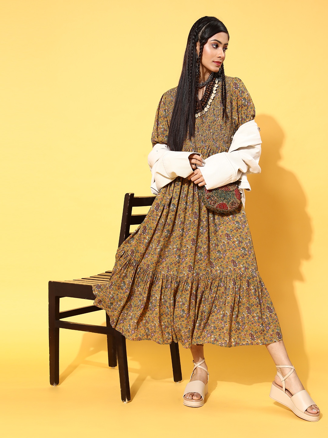 Libas Bright Mustard Ethnic Motifs All in the Details Dress